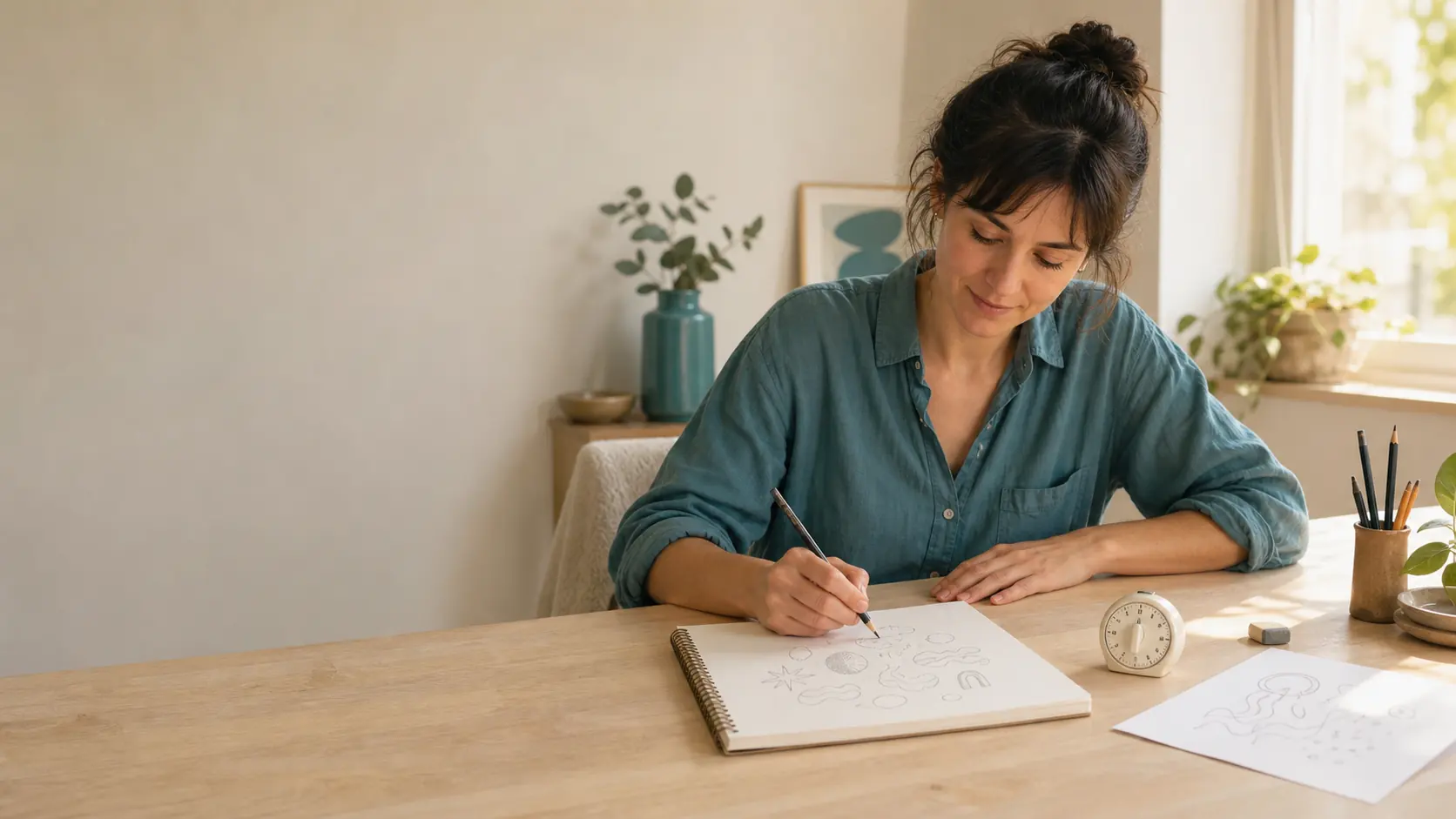 A sketcher starting a five-minute drawing in a sunlit home studio