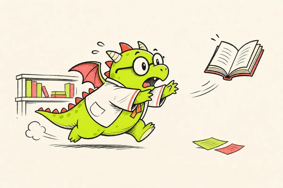 Ink drawing of a small green dragon librarian chasing a flying book