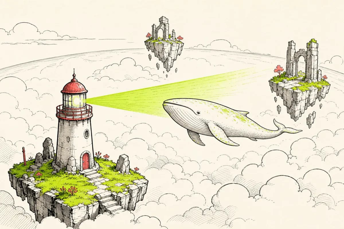 Ink drawing of a lighthouse guiding a sky whale through floating ruins