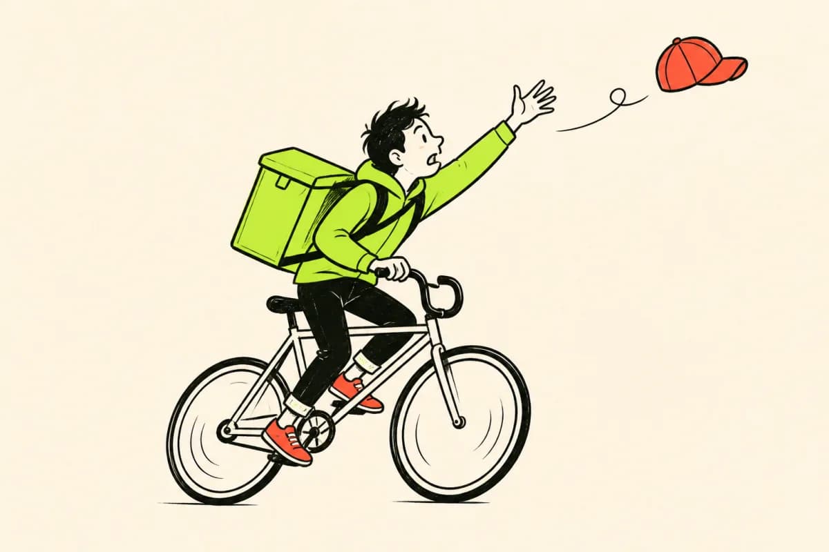 Ink drawing of a bicycle courier reaching for a runaway coral hat