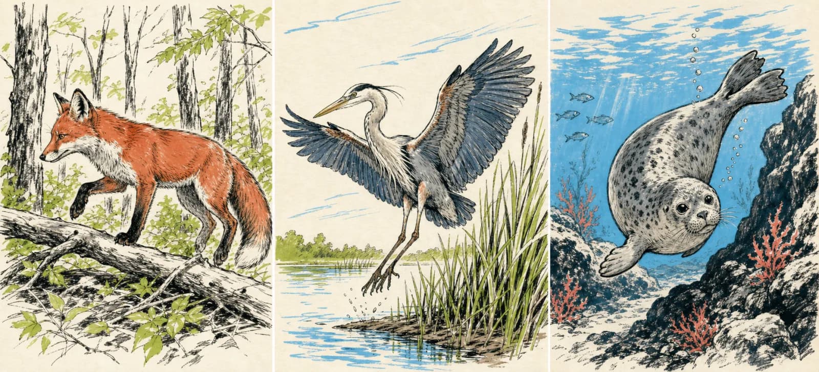 Three ink-style animal drawing examples: a fox stepping over a branch, a heron landing in reeds, and a seal turning underwater
