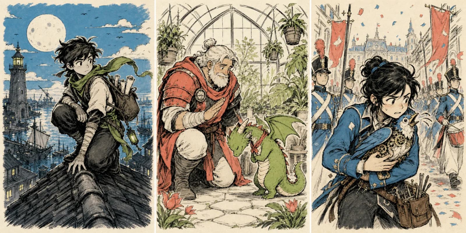Three ink-style character drawing examples: a rooftop courier, a retired champion teaching a dragon, and a student inventor hiding a clockwork bird