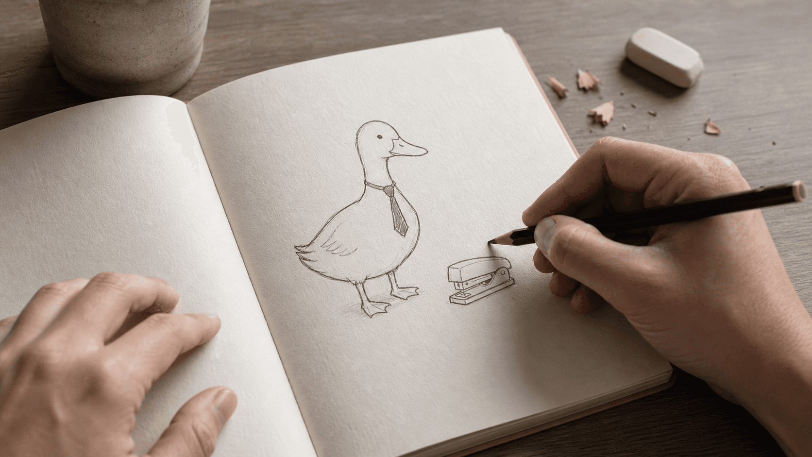 Hands adding a stapler detail to a simple duck-in-a-tie sketch