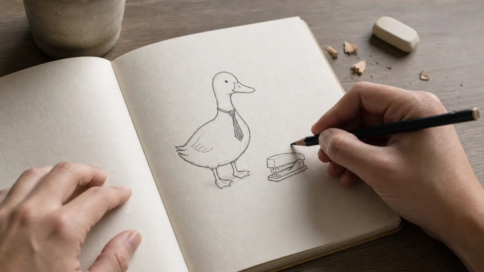 Hands adding a stapler detail to a simple duck-in-a-tie sketch