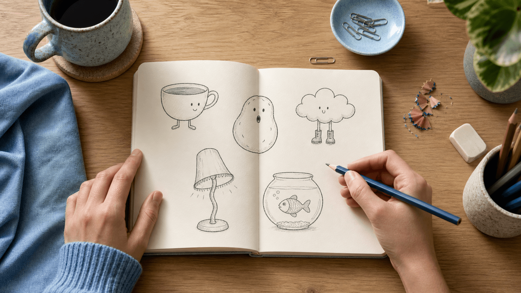 An open sketchbook with playful simple doodles ready to use as drawing prompts