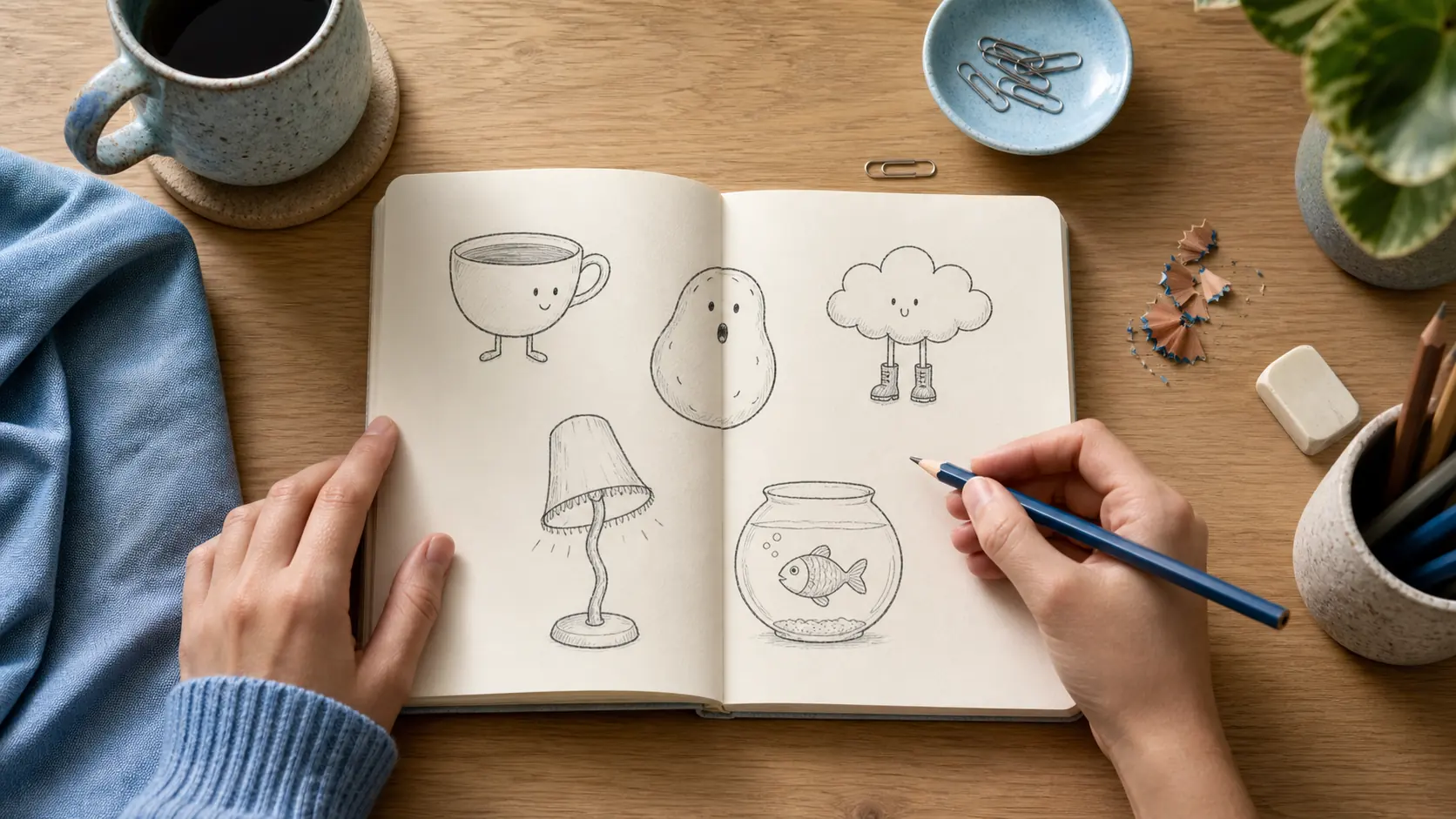 An open sketchbook with playful simple doodles ready to use as drawing prompts
